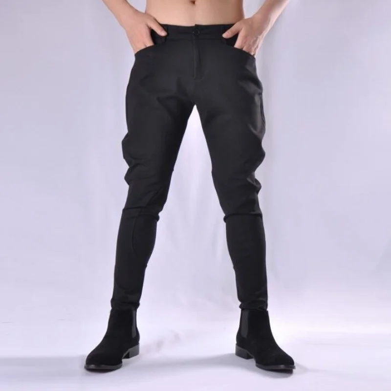 

Men Hair Stylist Black Pencil Pants Slim Trousers Korean Personality Casual Small Harem Pants Male Elastic Tapered Pants Trend