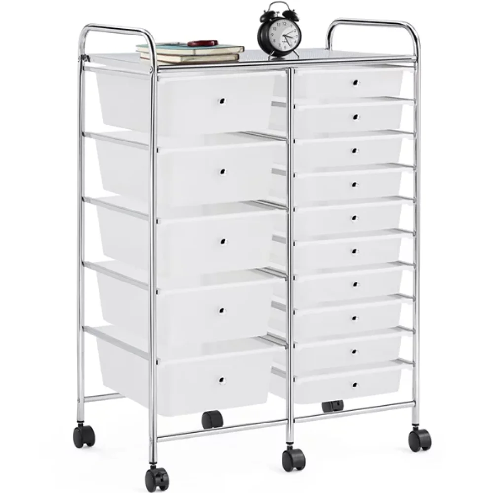 

15 Drawers Metal Frame Storage Cart Rolling Bin Organizer Trolley with Lockable Wheels,