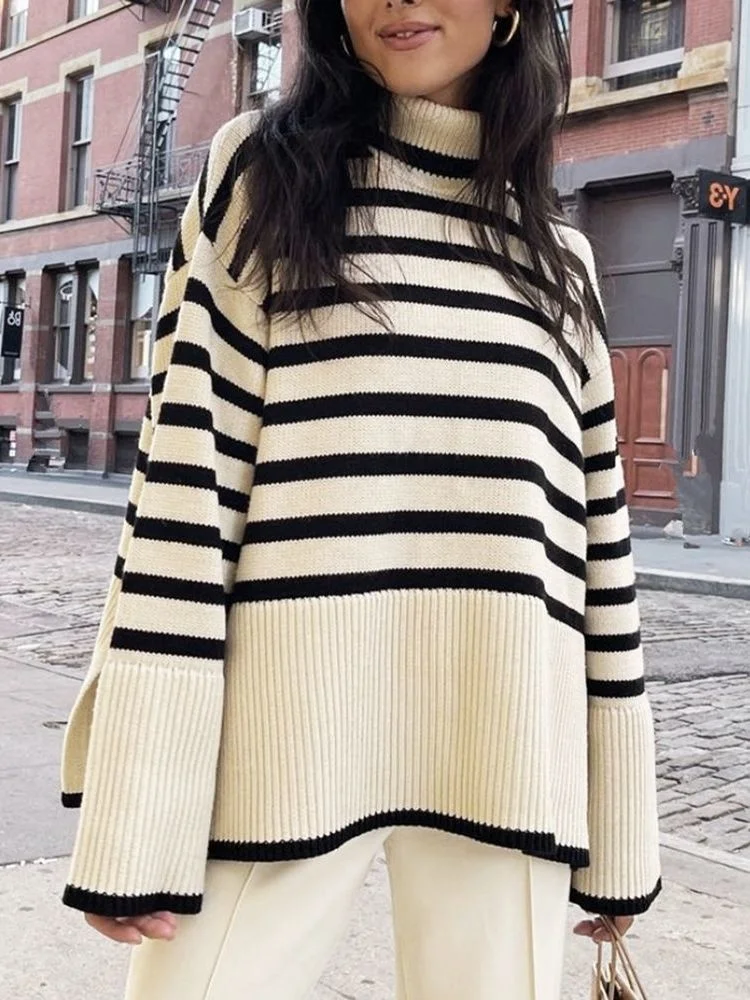 

2023 New Ladies Autumn Winter Turtleneck Sweater Women Pullover Tops Clothes Black White Striped Loose Casual Sweater Jumpers Fe