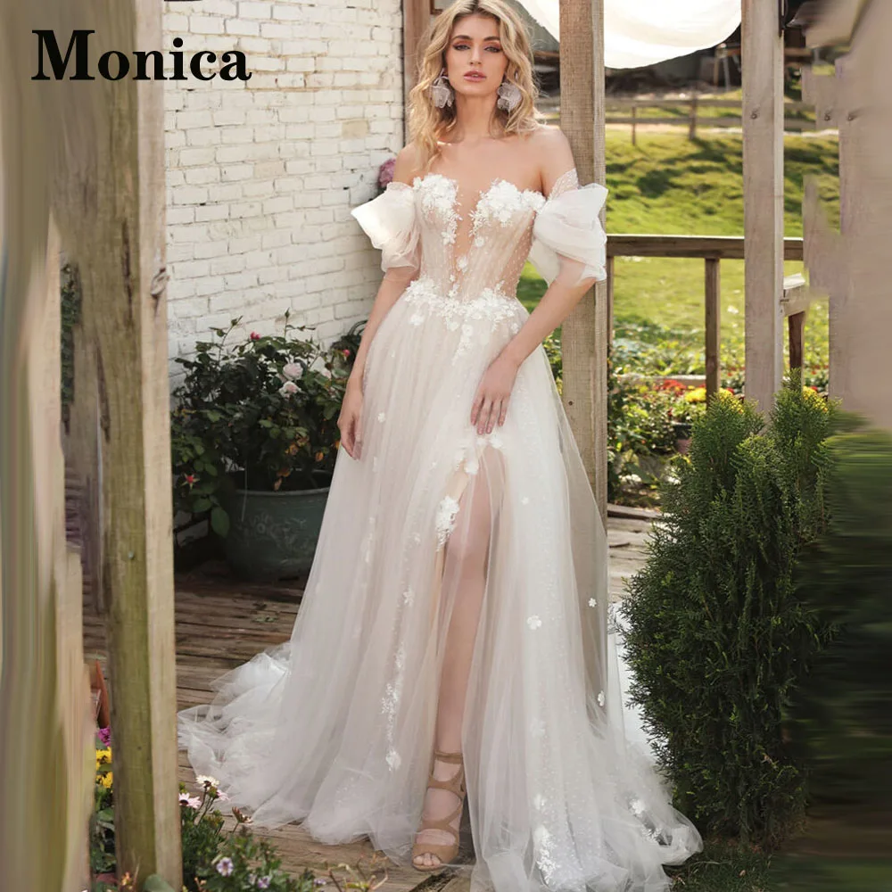 

MONICA Cute Style Polka Dot Wedding Dresses For Mariages Backless Lace Up Puff Sleeve Appliques Vestidos De Novia Made To Order