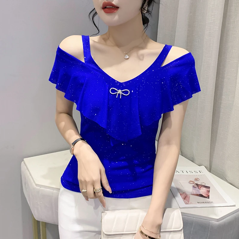 

2022 summer solid sequin t-shirts for women ruffles sleeve sparkly mesh top short sleeve tees sexy off shoulder women's shirts