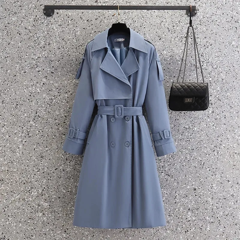 

2023 Spring Autumn Trench Coat Women Long Clothes Belt Outerwear Streetwear Double Breasted Blue Windbreaker Female Outerwear