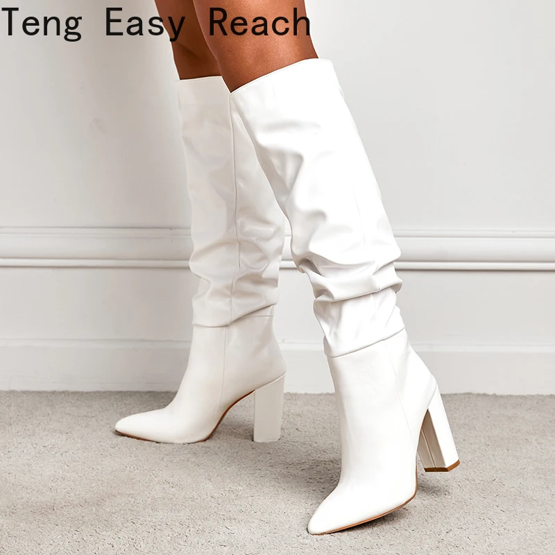 

Fashion Female White Pleated Women Over-the-Knee Boots Sexy Pointed Toe Square Heels Ladies Long Zipper Female Shoes black