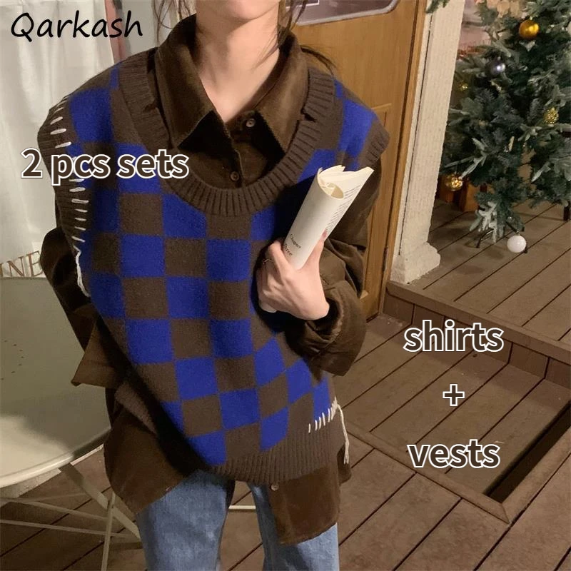 

2 Pieces Sets Women Vintage All-match Korean Preppy Style Plaid Vets Long Sleeve Shirts Loose Fashion Chic Student Ins Spring