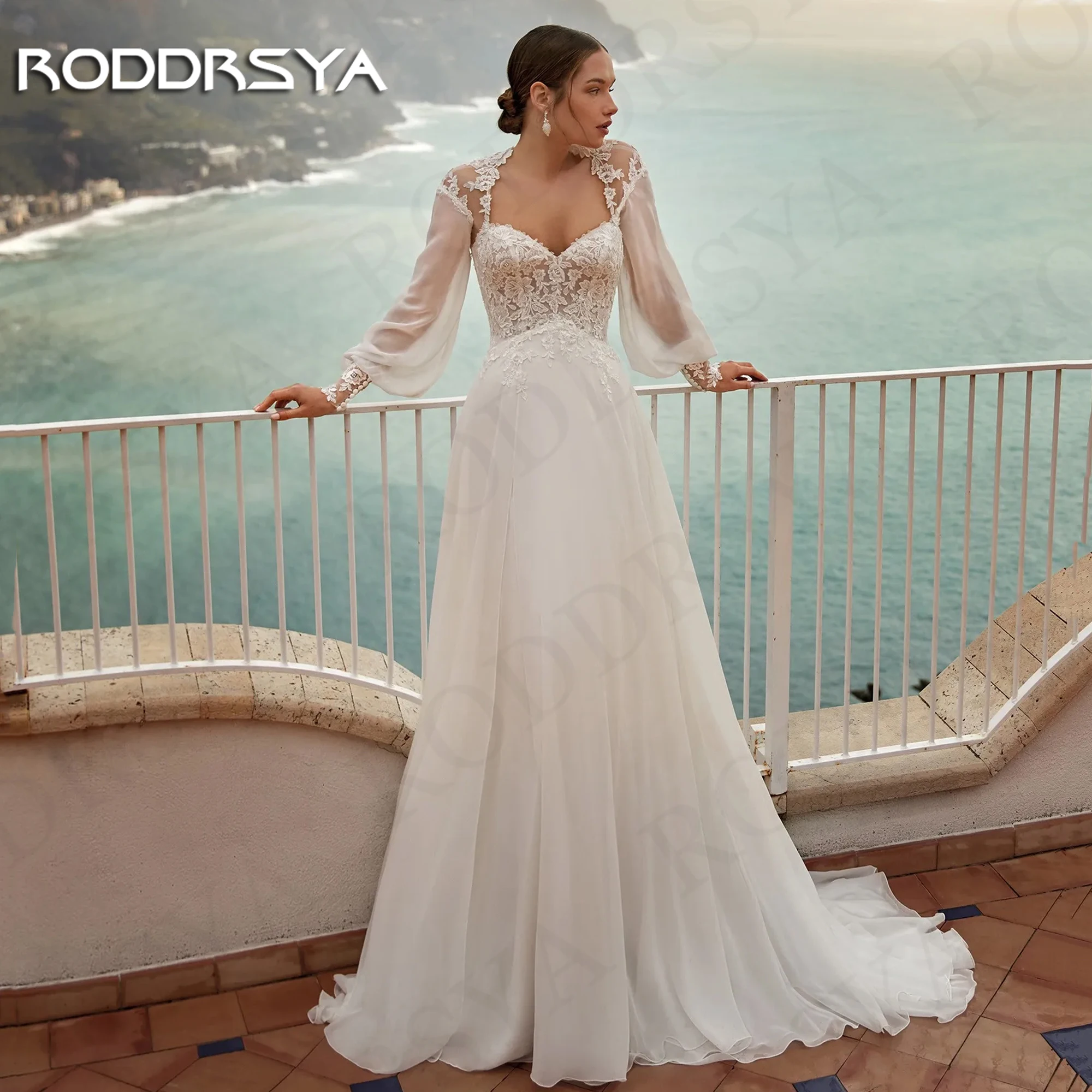 Фото Пляжные свадебные платья RODDRSYA с длинным рукавом для невесты, кружевное женское свадебное платье-трапеция с открытой спиной, шифоновое платье для невесты Пляжные свадебные платья с длинными рукавами для невесты  Кру №1
