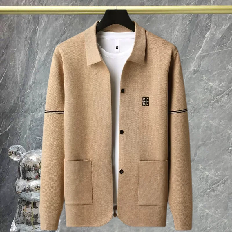 Декорированный линией кардиган свитер мужской вязаный с длинными рукавами осень