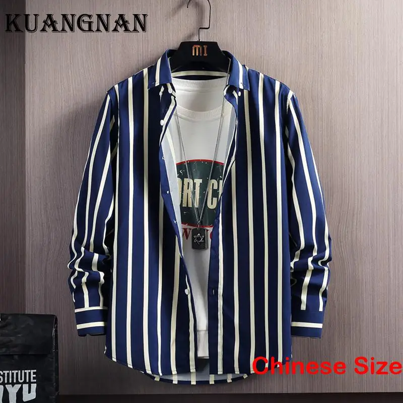 

KUANGNAN Striped Men's Shirt & Blouse Man Clothes Male Shirts for Mens Clothing Luxury Top Korean Style Sale Tops Blouses 3XL