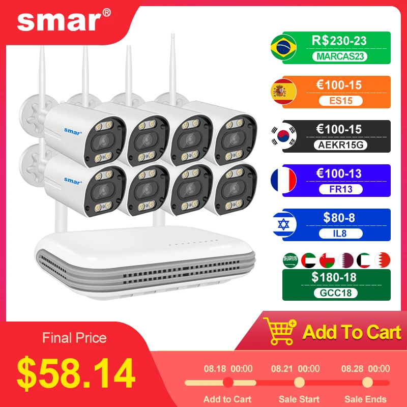 SMAR Wireless CCTV System Wifi Camera Kit H.265 3MP HD Security Audio AI Face Detect IP 8CH  NVR Video Surveillance Kit ICSee