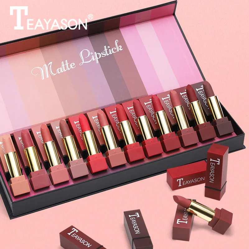 

Set Box 12 Color Square Tube Sexy Red Mouth Red Mist Face Lipstick Pumpkin Matte Dirty Orange Lip Gloss Lipstick Lip Gloss