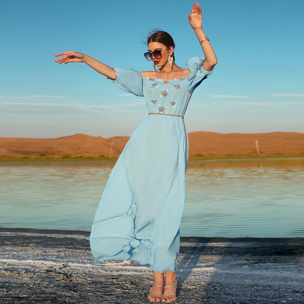 

New blue diamond-encrusted Muslim women's dress Middle East Arab party Ramadan dress Islamic noble luxury aristocratic dress
