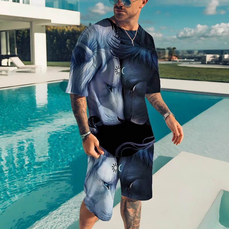 Men's T-shirt Set 3D Animal Print Oversized T-shirt Shorts Men's Casual Suit Sportswear T-shirt Top Summer Men's Clothing Set