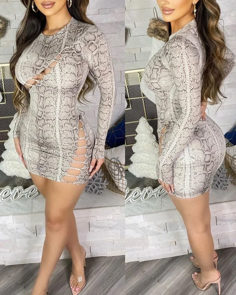 

Women's Dresses Elegant Sexy 2022 Spring and Summer Round Neck Long-sleeved Slim Snake Print Hollow Tight Dress