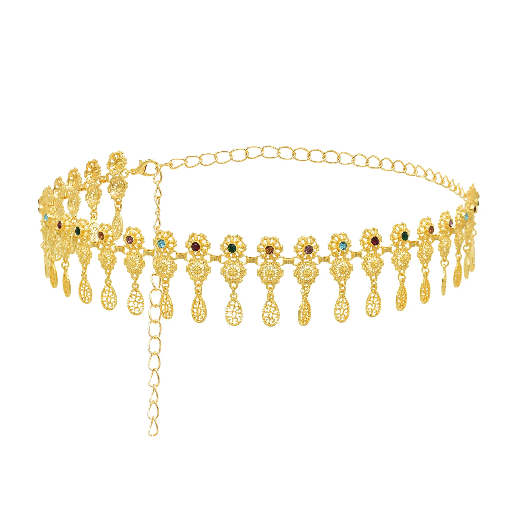 

Fashion Colorful Crystal Flower Hollow Water Drop Tassel Waistchain Belly Dance Body Chain Boho Summer Beach Sexy Body Jewelry
