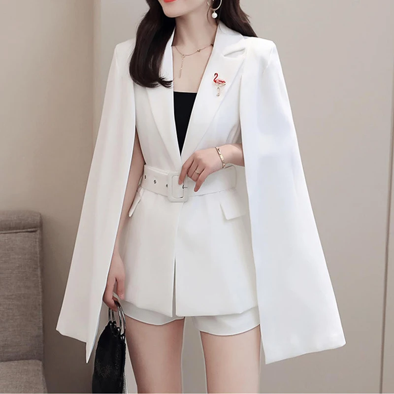 

Women Office Lady Poncho Jacket Mini Shorts Two Pieces Sets Fashion Cape Type Casual Shawl Outfits Cloak Blazer And Shorts Suits