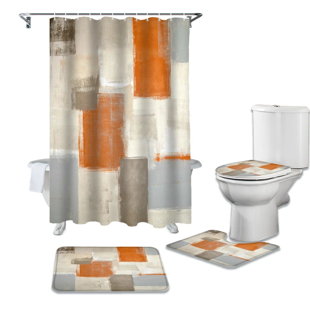 

Orange Paint Graffiti Abstract Print Shower Curtain Set Carpet Cover Toilet Cover Bathroom Mat Bathroom Household