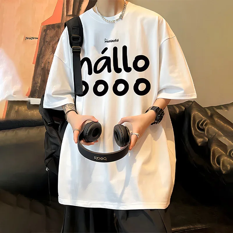 American Style White Round Neck T-Shirt Pure Cotton Short Sleeves Men's Summer Trendy Brand Loose-Fit Half Sleeve Thick