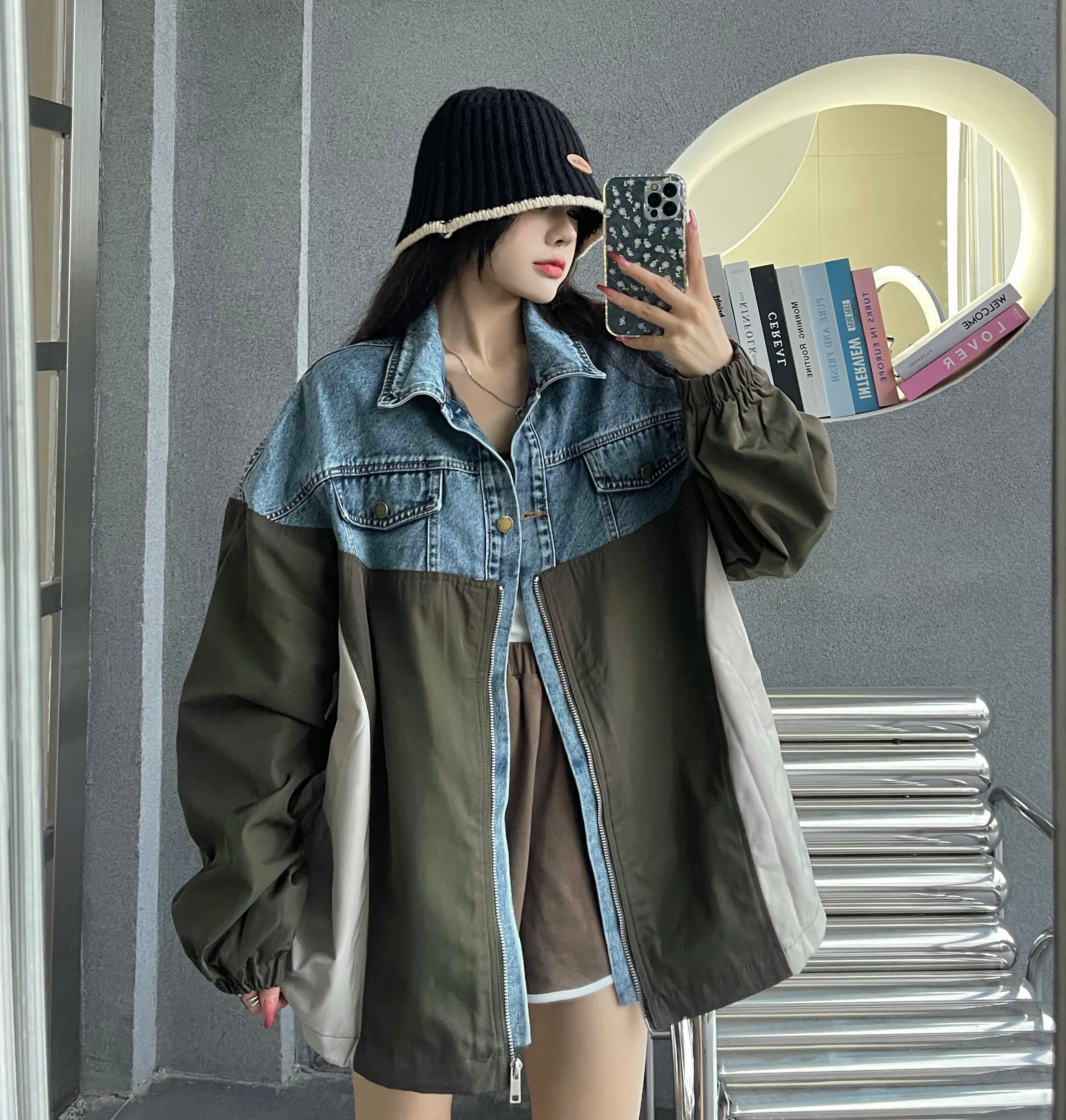 2022 Denim Coat Spot Inter Fashion Splicing Color Long Sleeve Heavy Industry With Lining Free Shipping