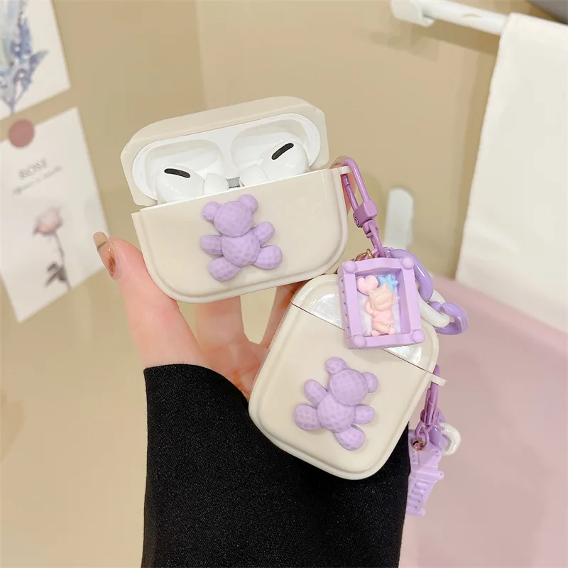 

Purple 3D Bear Pendant Case for AirPods 1 / 2 / 3 Pro Case Cover TWS Bluetooth Earbuds Accessories Protective Case Cover