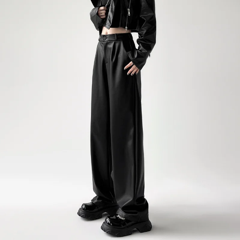 Брюки женские кожаные прямые в стиле ретро приталенные штаны из искусственной