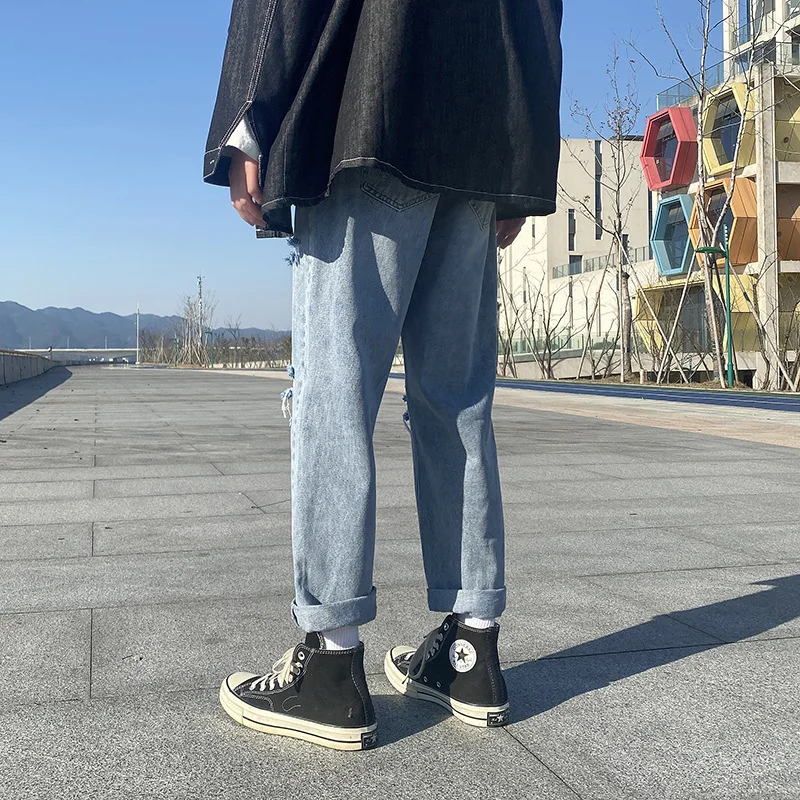 New Men's Ripped Jeans Ins Trend Solid Color Wide-leg Ripped Straight Nine-point Pants Fashion Streetwear Men джинсы для мужчин