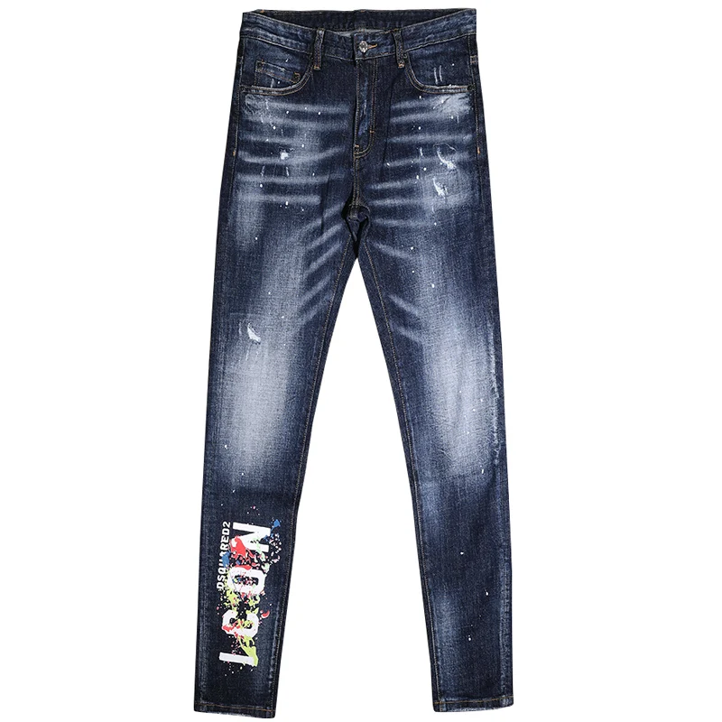 Street Fashion Men Jeans High Quality Retro Blue Elastic Slim Fit Painted Ripped Jeans Men Printed Designer Hip Hop Brand Pants