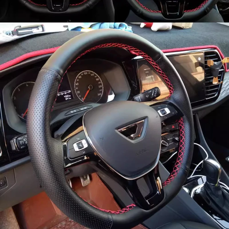 

Для Volkswagen VW jetta VS5 VS7 VA3 2008-2019 Сшитый вручную черный нескользящий чехол на руль автомобиля из натуральной кожи