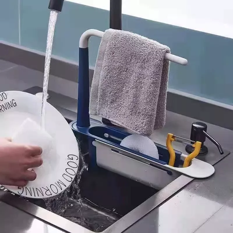

Telescopic Sink Shelf Sponge Towel Holder Adjustable Expandable Drainer Kitchen Multi Organizer Storage Gadgets Accessories