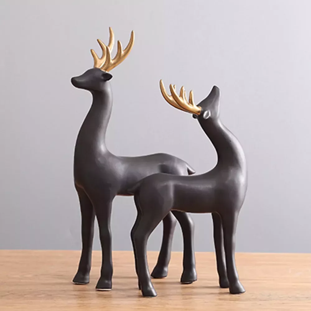 

Nordic Couple Deer Sculpture Elk Figurines Luxury Home Decor Black Animal Statue Ceramic Office Bookshelf Decor Ornaments Gift