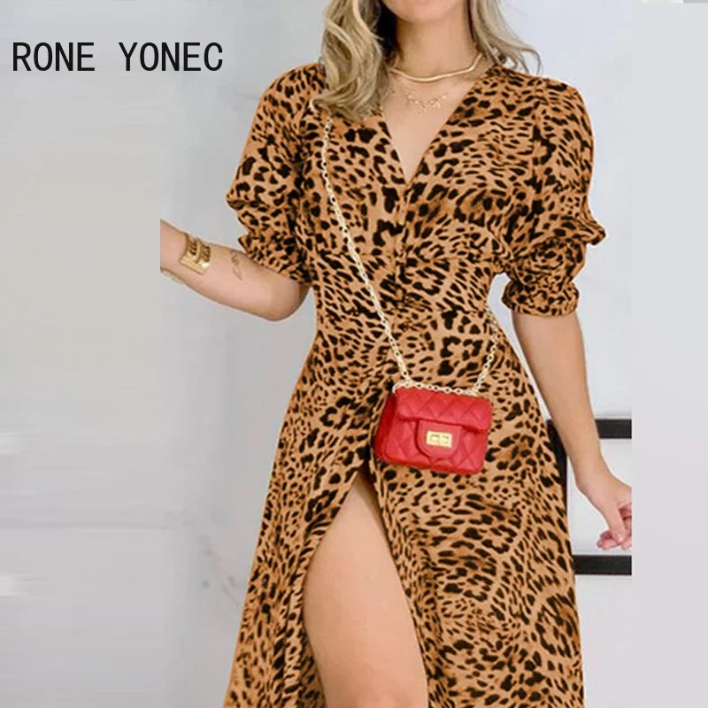 Женское платье-рубашка с принтом гепарда пышными рукавами и высоким разрезом