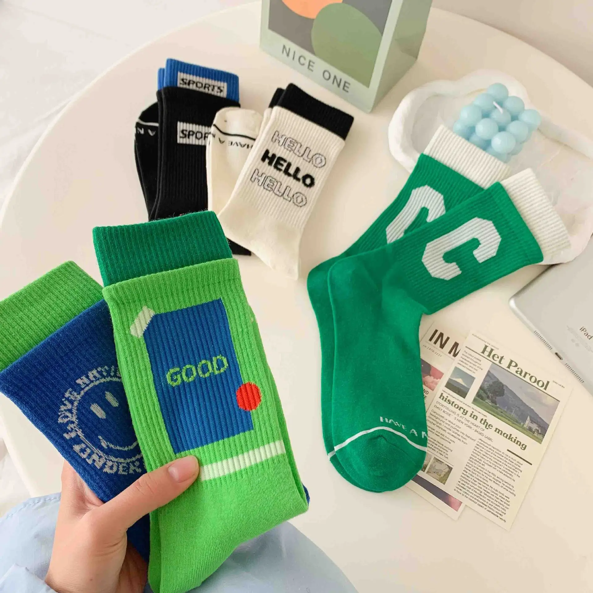 Fashion New Sports Cotton Socks Set for Women Casual Letter Black White Green High Quality Cartoon Cotton Girls Socks 5 Pairs