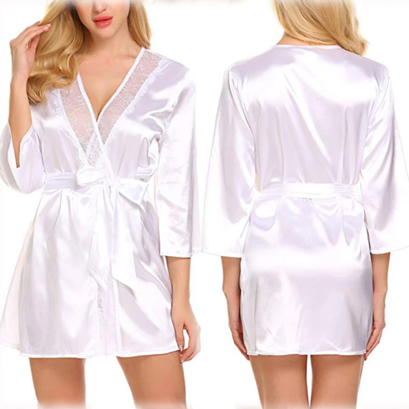 

Fashion Sexy Women Robe Bath Casual Solid Nine-Minute Sleeve Lace Splicing Sleepwear Robe Bridesmaid Peignoir Mariage