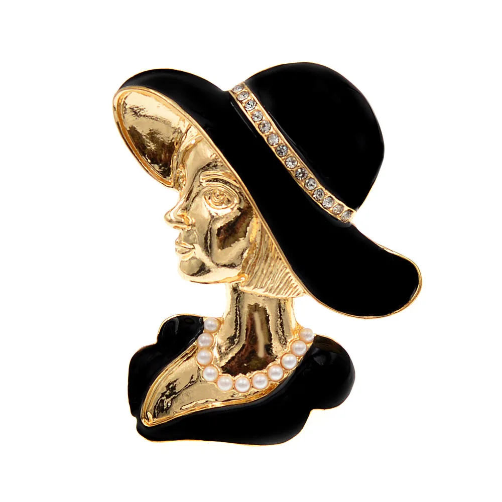 

Vintage Style Alloy Rhinestone Elegant Lady Brooch Pin for Women Black Sun Hat Beautiful Women Abstract Portrait Brooch Pin