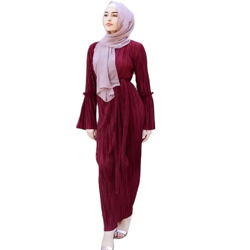 Мусульманское сморщенное платье с тонкой талией, плиссированное Модное Длинное Платье Abaya, мусульманская одежда с рукавом-колокольчиком