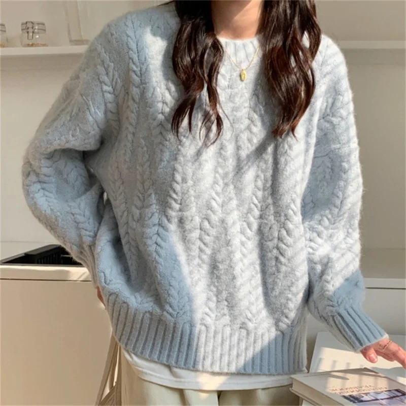 

Milk Blue Wheat Ear Pullover Sweater For Women Autumn Winter 2023 New Korean Design Loose Fried Dough Twist Knitting Top Thicken