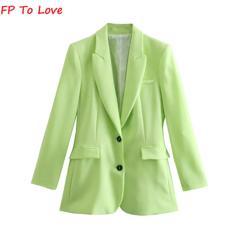 

Fp To Love French Style 2022 Vintage Women's Tawny Green Single Breasted Blazer Lapel Office Long Sleeve Chic Top