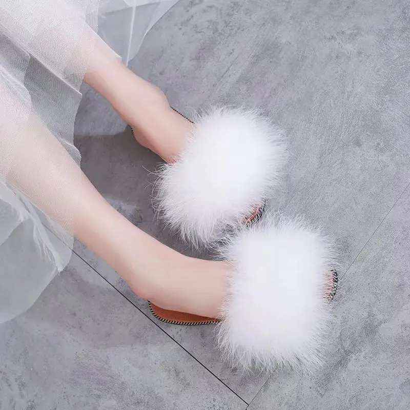 

Flat Shoes Female Womens Slippers Outdoor Fur Flip Flops Pantofle Slides Fashion Plush 2022 Luxury Beach Rome Sweet Basic Feathe