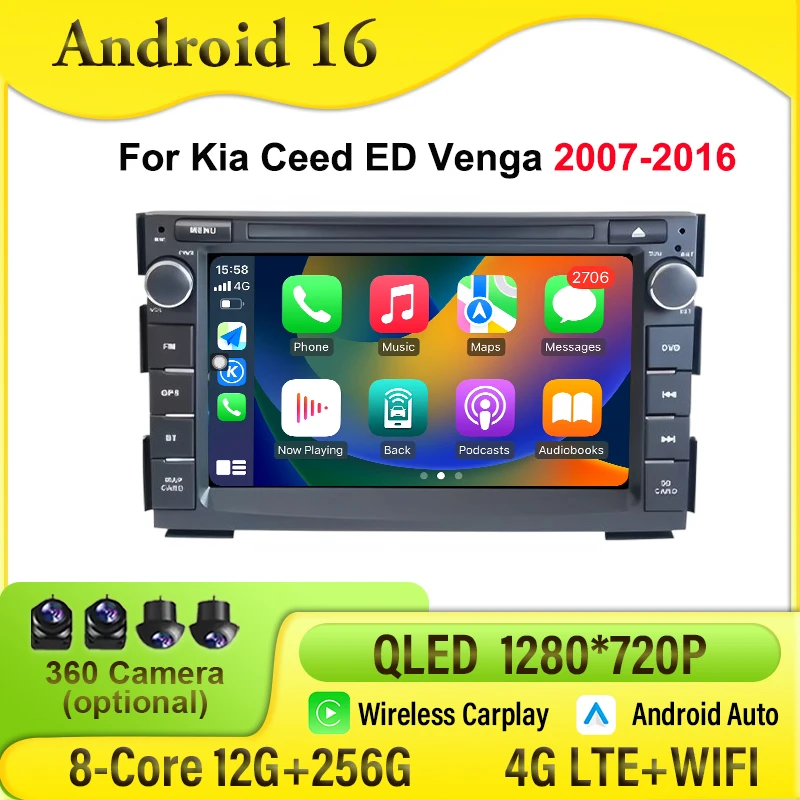 Фото Автомобильное радио с CarPlay и Android Auto для Kia Ceed ED Venga 2007-2016, мультимедийная система, навигация, Wi-Fi, GPS, стерео, Bluetooth, Wi-Fi 4G №1