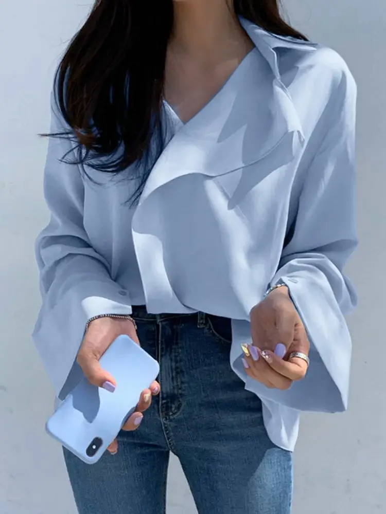 

ZANZEA Women Elegant OL Blouse Spring Summer V Neck Long Sleeve Work Shirt Femininas Blusas Casual Solid Tunic Tops Chemise