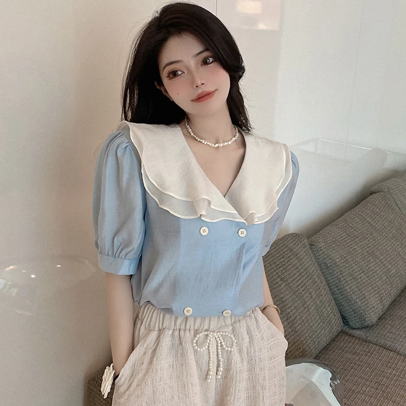

Shirt Womens Tops Summer French Style Short Sleeve Peter Pan Collar Double Breasted Pink Blue Women Shirts Dropshipping
