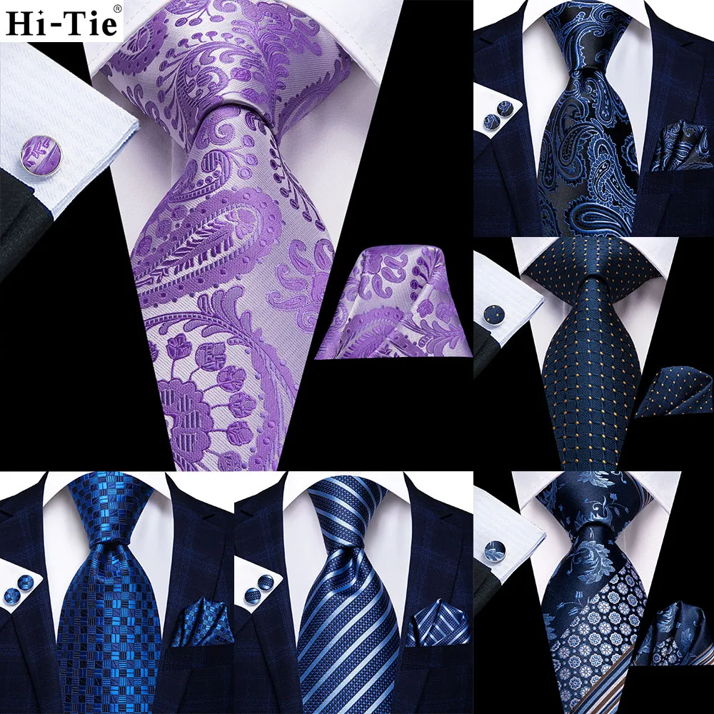 

Purple Paisley 63inch Silk Men Extra Long Ties for Men Woven Classic 160cm Mens Necktie Pocket Square Set Cufflinks Hi-Tie