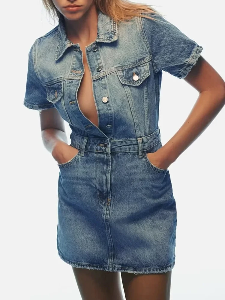 

Women Denim Dress Ladies 2023 Fashion Mini denim Single Breasted Dress For Women Short Sleeve Dress Female Slim Dresses