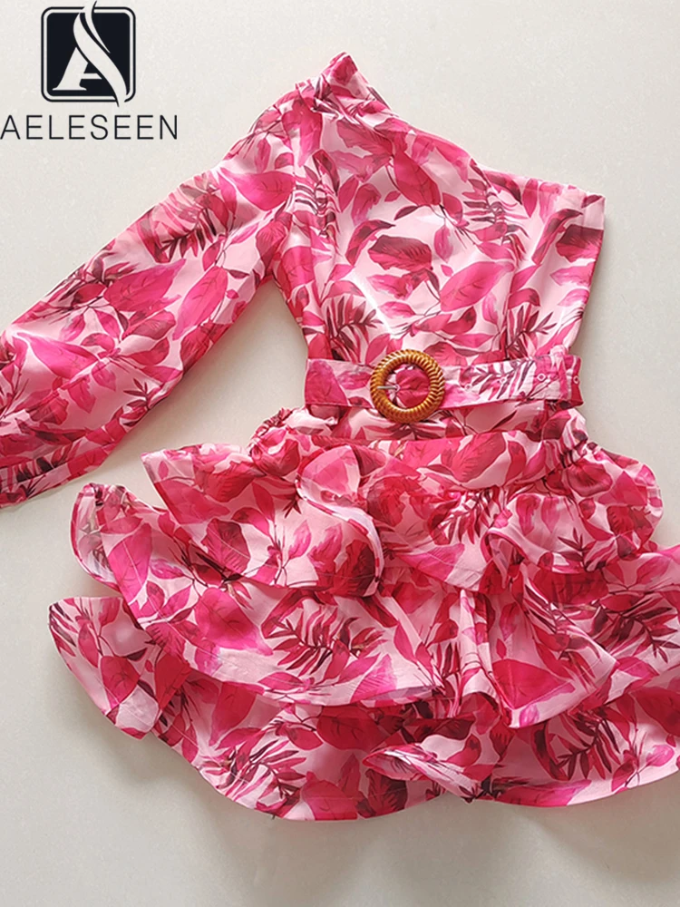 

AELESEEN 2022 Summer Mini Dress Women Red Long Sleeve One Of The Shoulder Flowers Printed Cascading Ruffle Sexy Holiday Party