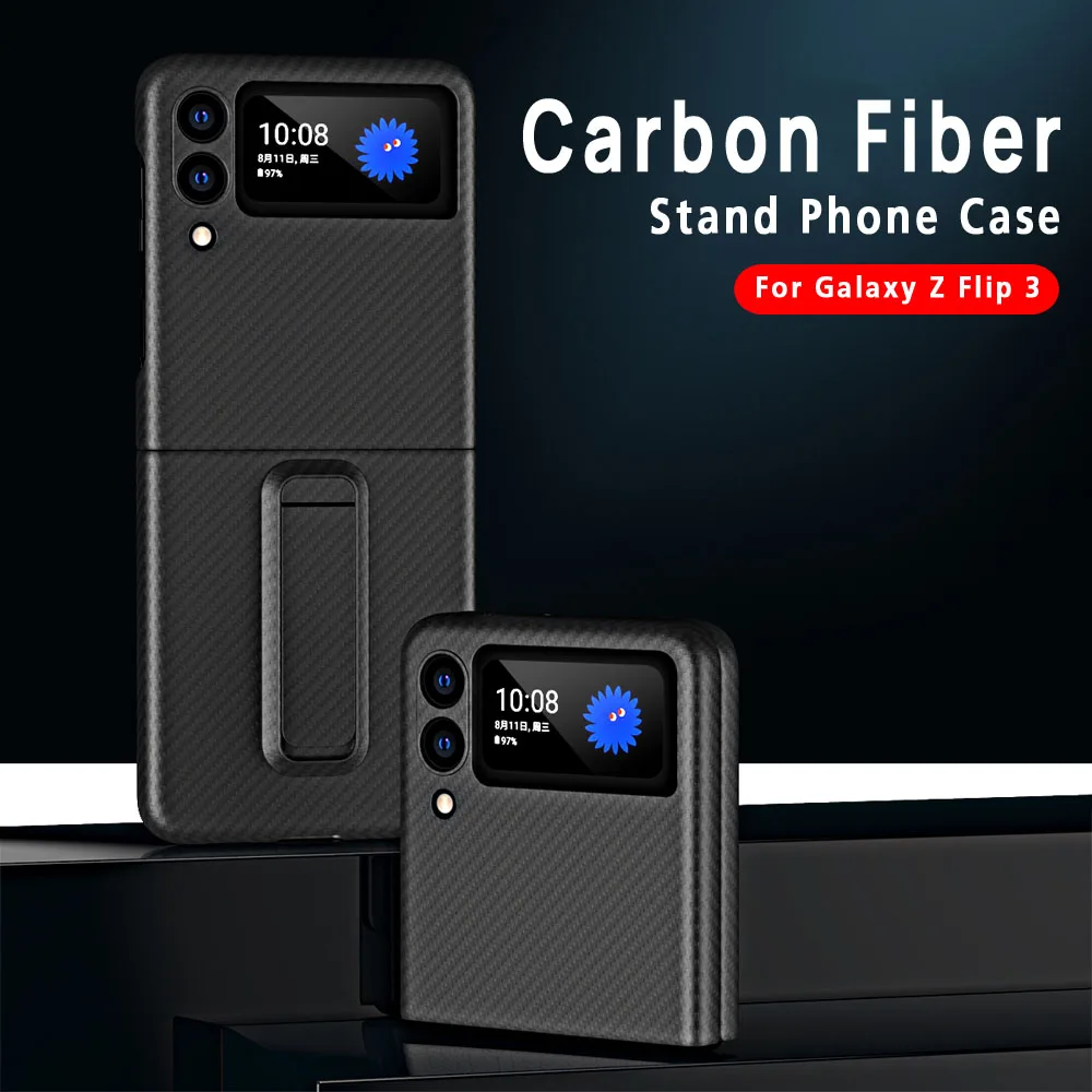 

Shocproof Case For Samsung Galaxy Z Flip 3 Cover Carbon Fiber Texture Fundas For Samsung Z Flip 3 Flip3 Fold Stand Holder Coque