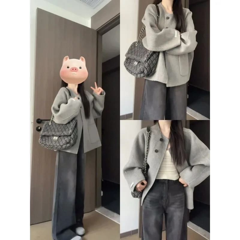 Женская шерстяная куртка во французском стиле sle Hepburn серая свободная утепленная