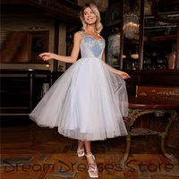 bule evening dresses draped a line tulle v neck sleeveless knee length evening gowns delicate paillette sexy formal dress