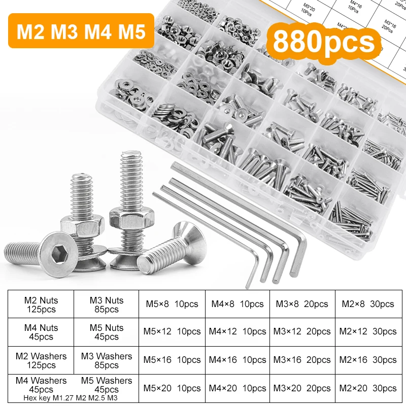 

Набор для шайбы винтов JUIDINTO, комплект из шайбы с плоской головкой и шестигранной головкой M2 M2.5 M3 M4 M5 из нержавеющей стали с шестигранным ключом