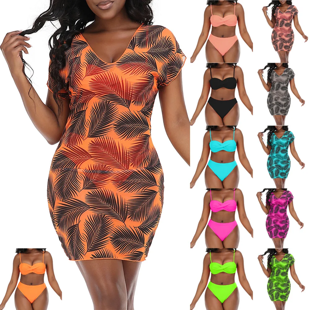 

Новинка, сексуальное женское бикини, дизайнерский купальник из 3 предметов, Женский газовый комплект бикини с высокой талией и листьями ладони, купальный костюм