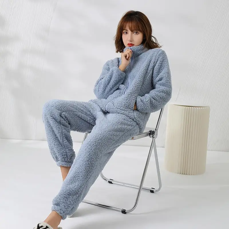 New Winter Women's Cashmere Pajama Suit Warm Long Sleeved Shirt Trousers Korean Fashion Solid Color Basic Household Clothes