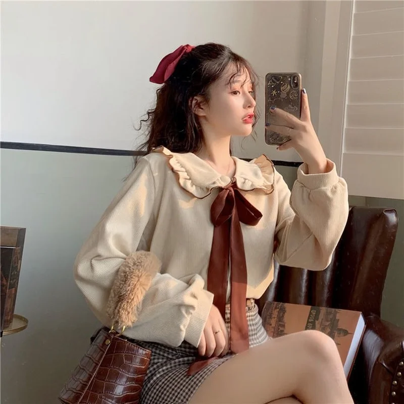 

Deeptown Vintage Kawaii Blouses Women Long Sleeve Bow Peter Pan Collar Oversized Shirt Harajuku Korean Style Trendy All-match