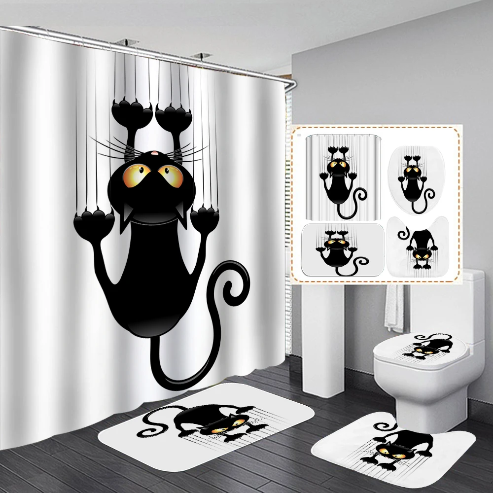 

Cute Cat Bathroom Shower Curtain Funny Cats Printed Bath Mats Rugs Set Non-Slip Rug Toilet Lid Cover Bathtub Curtains with Hooks